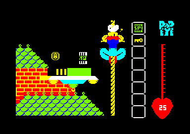 Popeye (Amstrad CPC) screenshot: I climbed a rope. There is another can of spinach and a coin. There is also a flying saucer.