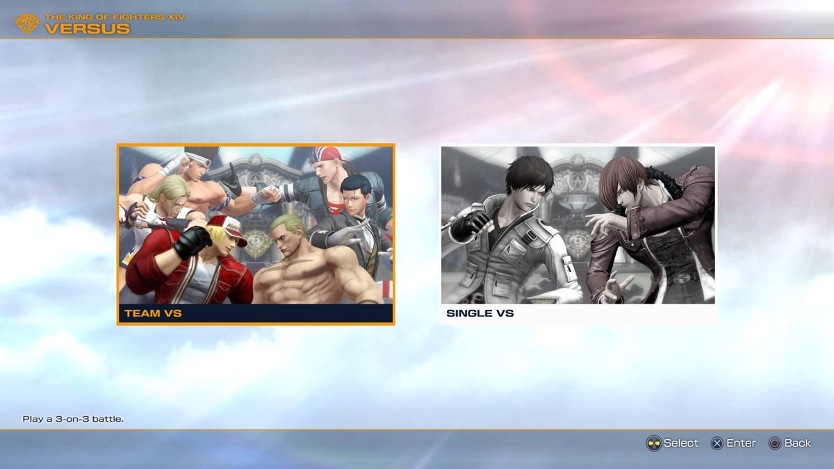 The King of Fighters XIV (PlayStation 4) screenshot: In Vs. Mode, you can choose from 3-on-3 team battles, or traditional 1-on-1.