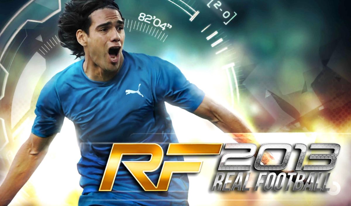 Real Soccer 2013 (Android) screenshot: Title screen with this year's cover athlete Falcao