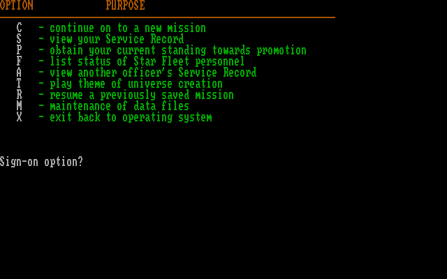 Star Fleet I: The War Begins! (DOS) screenshot: Main menu.