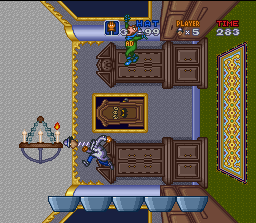 Inspector Gadget (SNES) screenshot: First Boss fight - Hit the candles without getting hit yourself!