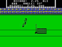 Game Set and Match 2 (ZX Spectrum) screenshot: High jump : the computer controls the run up. The player has to press and hold SPACE at the right time to make the jump