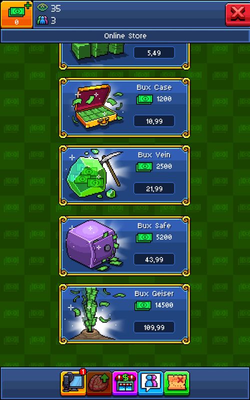 PewDiePie's Tuber Simulator (Android) screenshot: In-app purchases for the premium Bux currency