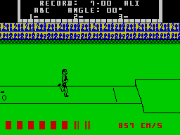 Game Set and Match 2 (ZX Spectrum) screenshot: Long Jump : Speed is built up by hitting the Z & X buttons, as in the dash. At the end of the run up the player hits and holds the SPACE key until a suitable angle of leap is reached