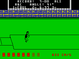 Game Set and Match 2 (ZX Spectrum) screenshot: If the jump starts too soon or too late then the player gets a foul. This second jump was close to the record for this level