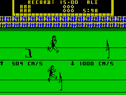 Game Set and Match 2 (ZX Spectrum) screenshot: Hurdles : Again the player hammers the Z & X keys for speed and hits the SPACE key to make the jump. Aly hurdle hit slows the player down. The computer seems to make all its jumps.