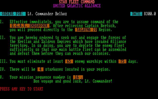 Star Fleet I: The War Begins! (DOS) screenshot: Mission briefing.