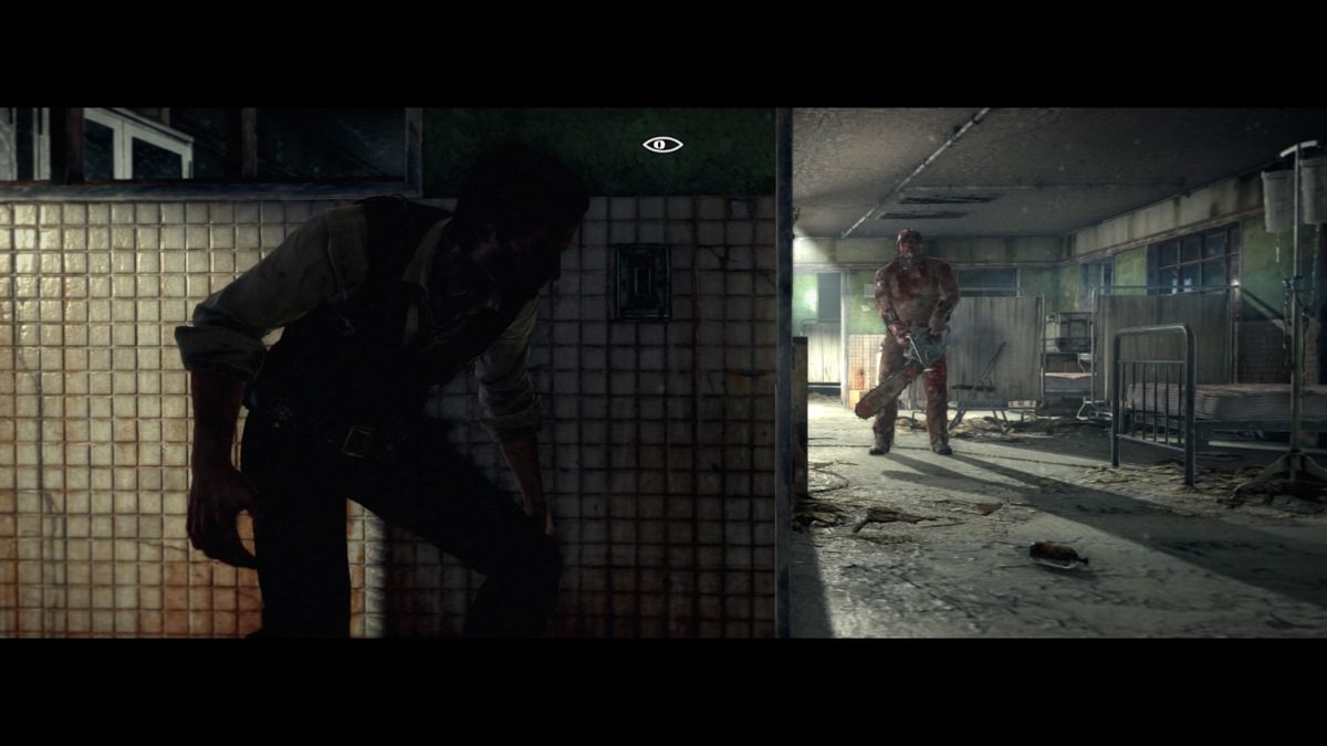The Evil Within (PlayStation 4) screenshot: As if it wasn't bad enough when he had a cleaver, now the butcher is hunting you and he has a chainsaw