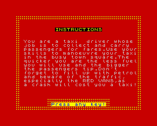Taxi! (ZX Spectrum) screenshot: Instructions.