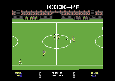 World Cup 90 (Commodore 64) screenshot: Kick off. The computer doesn't bother to take the ball from instantly, although this is against the rules.