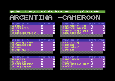 World Cup 90 (Commodore 64) screenshot: The playing schedule of the World Cup 1990 tournament