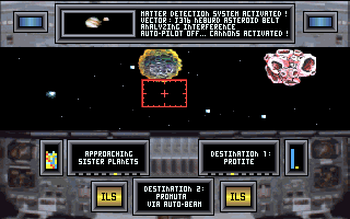 CyberGenic Ranger: Secret of the Seventh Planet (DOS) screenshot: Asteroid field - use the cannons to destroy them