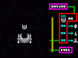 Canyon Warrior (ZX Spectrum) screenshot: Game start, launching-vessel has just put you on the screen and is withdrawing