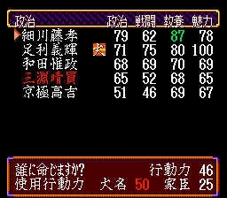 Nobunaga's Ambition: Lord of Darkness (Genesis) screenshot: The game contains statistics for all types of things