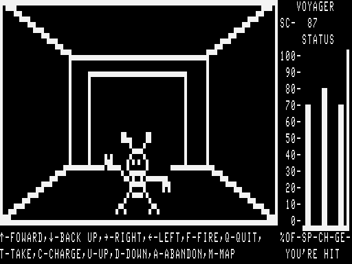 Voyager I: Sabotage of the Robot Ship (TRS-80) screenshot: Protection Robot attack!