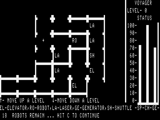 Voyager I: Sabotage of the Robot Ship (TRS-80) screenshot: Level 0 mapping - Robot two rooms away marked RO