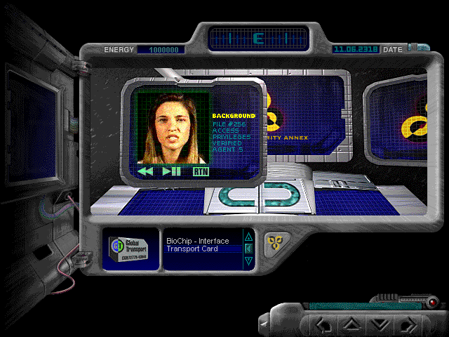 The Journeyman Project (Windows 3.x) screenshot: Reviewing background information in the command center
