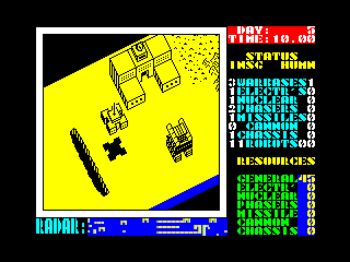 Nether Earth (ZX Spectrum) screenshot: An enemy tank is about to take a supply factory over.