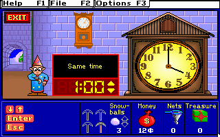 Treasure MathStorm! (DOS) screenshot: Earn items for telling the time! (MCGA/VGA)