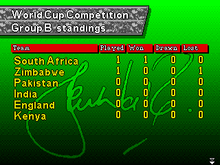 Shane Warne Cricket (Genesis) screenshot: World cup standings