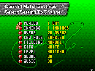 Shane Warne Cricket (Genesis) screenshot: Match settings