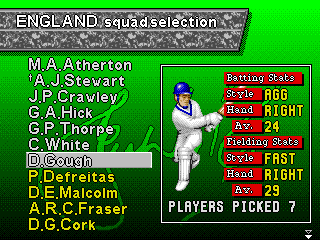 Shane Warne Cricket (Genesis) screenshot: Squad selection