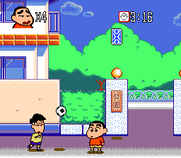 Crayon Shin-chan: Arashi o Yobu Enji (Genesis) screenshot: This kid throws soccer balls at you