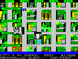 Ghostbusters (ZX Spectrum) screenshot: Do you see that gluey stuff in cyan? That's a "bait". Those are meant to attract "Giant Marshmallow Sailors" out of buildings. 2 quarters are already on their way. (128K)