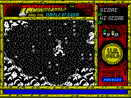 Indiana Jones and the Temple of Doom (ZX Spectrum) screenshot: Indy must fight his way between platforms. He starts in this area and he's alone (apart from the snake)