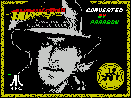 Indiana Jones and the Temple of Doom (ZX Spectrum) screenshot: Splash screen displayed as game starts to load, there's an accompanying bit od Indy music too