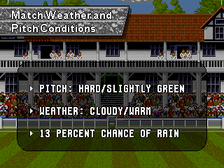 Shane Warne Cricket (Genesis) screenshot: Match weather and pitch conditions