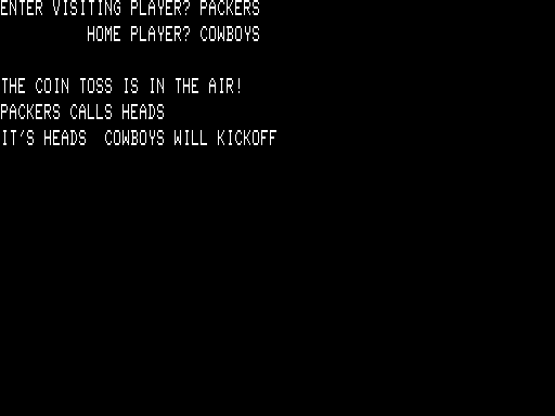 Computer Football Strategy (TRS-80) screenshot: Coin toss results