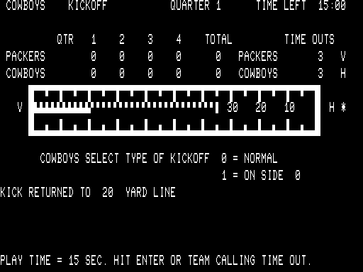 Computer Football Strategy (TRS-80) screenshot: Animated kick down field dash line with run back solid line