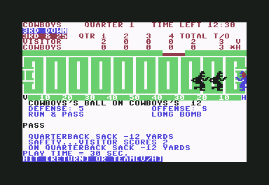 Computer Football Strategy (Commodore 64) screenshot: Computer gets a safety