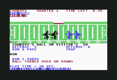 Computer Football Strategy (Commodore 64) screenshot: Ball turned over on downs at 50 yard line