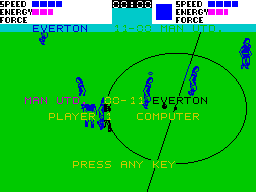 Super Soccer (ZX Spectrum) screenshot: Game over. Time up. Everton thrashed Man United 13-0