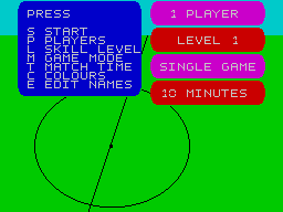 Super Soccer (ZX Spectrum) screenshot: The main menu screen. Options on the left and current selection on the right