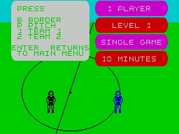 Super Soccer (ZX Spectrum) screenshot: Changing the colours of the pitch, borders and so on ...