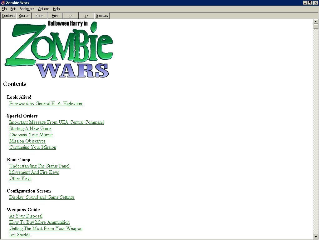 Zombie Wars (Windows) screenshot: The game comes with a full manual that opens in a new window