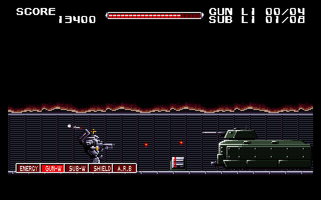 Night Slave (PC-98) screenshot: Exploring a narrow tunnel. Power-up is ahead, guarded by a suspiciously-looking tank