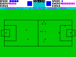 Super Soccer (ZX Spectrum) screenshot: After a bad tackle a free kick is awarded and this gives the chance to reposition your players. Active players blink on/off and are moved with the standard action keys
