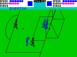 Super Soccer (ZX Spectrum) screenshot: The ball is definitely over the line. control of my active player switched to my goalkeeper as the play moved into the penalty area. Unfortunately he changed colour as the opposing player came near