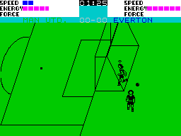 Super Soccer (ZX Spectrum) screenshot: This was a practice match and I scored an own goal to see what would happen. The answer is nothing, the goal was not recognised and it took ages to clear the ball from my own net