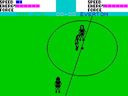 Super Soccer (ZX Spectrum) screenshot: The kick off. Opposing players generally do not show in the centre circle
