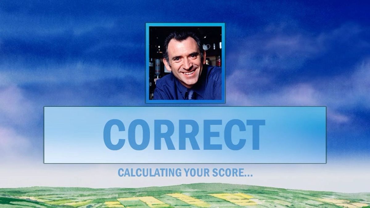 Emmerdale Game (DVD Player) screenshot: A correct answer is accompanied by a nice sound clip like a melodious bell or someone saying 'Well Done', an incorrect answer gets something like an animal noise