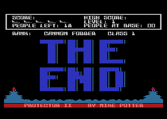 Protector II (Atari 8-bit) screenshot: I lost all my lives. The end. My rank is cannon fodder.