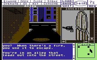 Deja Vu: A Nightmare Comes True!! (Commodore 64) screenshot: In an alleyway.