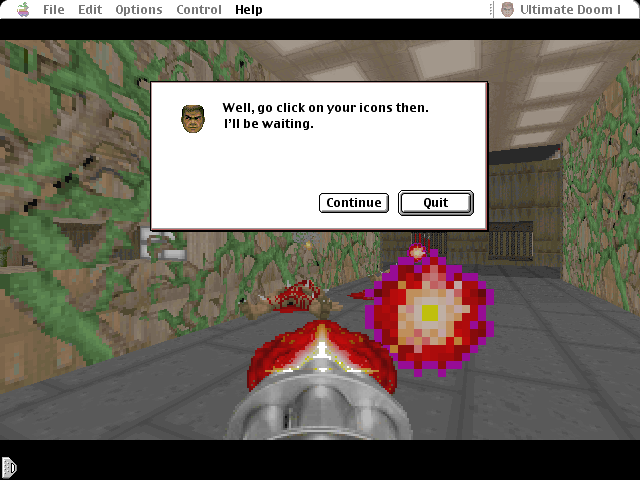 The Ultimate Doom (Macintosh) screenshot: Quit messages have changed to reflect (and mock) your "modern" user interface.