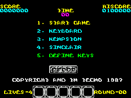 Rygar (ZX Spectrum) screenshot: Main menu joysticks are detected automatically. I don't have one so keyboard is highlighted. Action keys can be redefined.