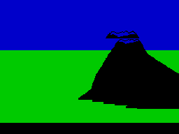 Terror-Daktil 4D (ZX Spectrum) screenshot: That volcano looks close, we're not going to hit it are we!